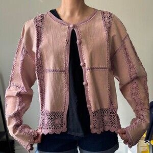 Y2K Fairycore Pink Suede crochet cottage Boho Knitwear Festival cardigan - Large